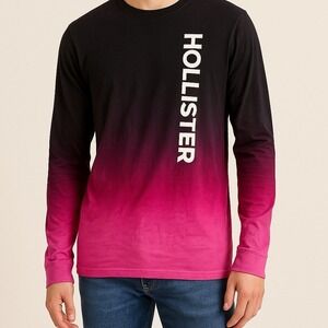 Hollister California Men's Long Sleeve T-Shirt Black Pink Ombre Size M